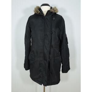 WET SEAL Jacket L LARGE Black Hood Two Front and Side Flop Pockets Hooded